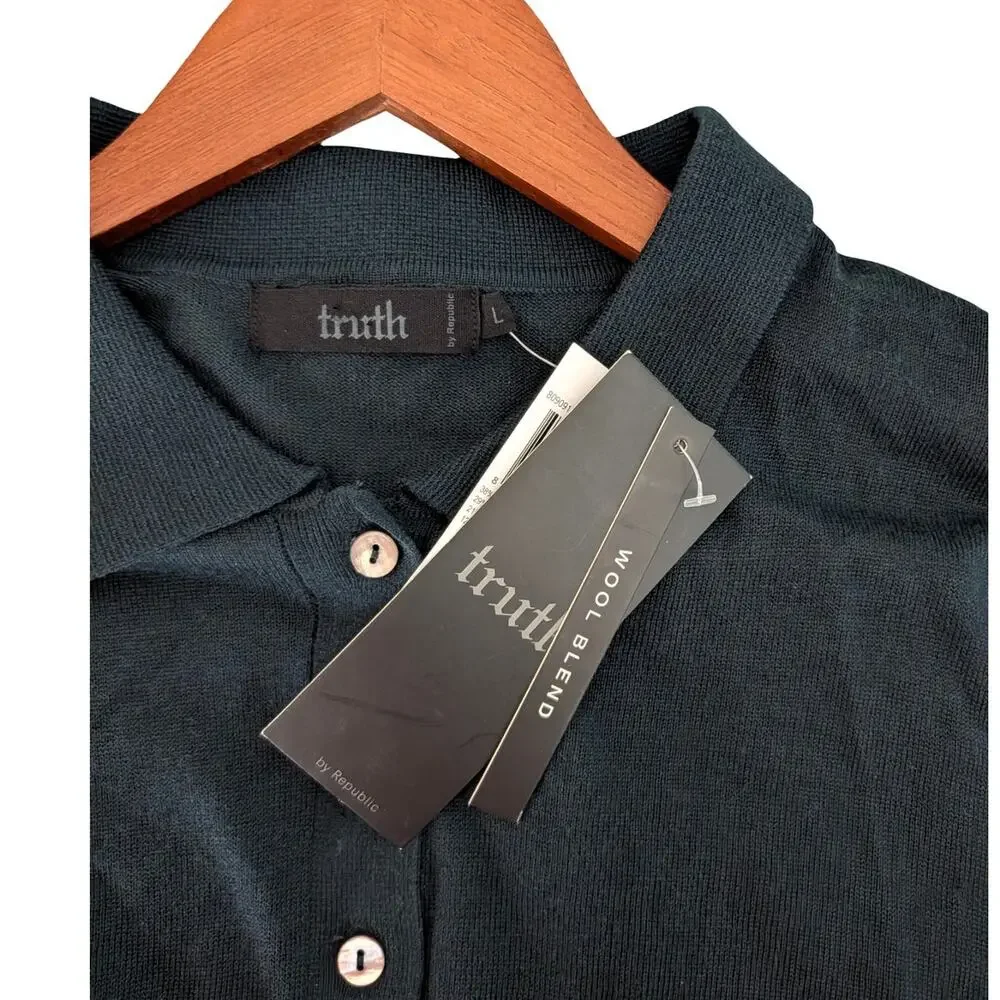 NWT Truth by Republic Wool Silk Blend Lightweight Knit Polo Sweater L
